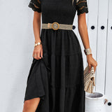 Smocked Tiered Midi Dress with Lace-Trim Sleeves