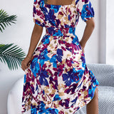 Floral Square Neck Puff Sleeve Midi Dress
