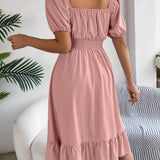 Square Neck Puff Sleeve Smocked Waist Ruffle A-Line Dress