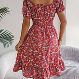 Floral Square Neck Smocked Waist Ruffle A-Line Dress