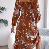 Floral Tie - Front Slit Midi Dress