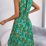 Ruffle Mock Neck Floral Pleated Midi Dress