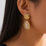 French - Style Metallic Pleated Stone Drop Earrings