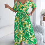 Floral Cold - Shoulder Tie - Waist Midi Dress