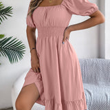 Square Neck Puff Sleeve Smocked Waist Ruffle A-Line Dress