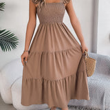 Solid Color Square Neck Ruffle Midi Dress