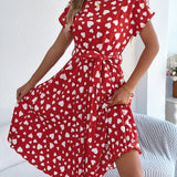 Heart Print Tie - Waist Pleated Dress