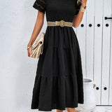 Smocked Tiered Midi Dress with Lace-Trim Sleeves