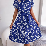Leaf Print Belted Pleated Midi Dress