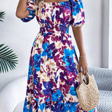 Floral Square Neck Puff Sleeve Midi Dress
