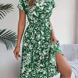 Floral Pleated Tie - Waist Midi Dress