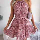 Halter Neck Floral Ruffle Mini Dress