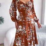 Floral Tie - Front Slit Midi Dress