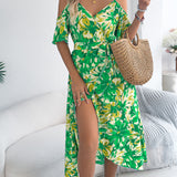 Floral Cold - Shoulder Tie - Waist Midi Dress