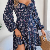 Square Neck Floral Long Sleeve A-Line Dress