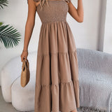 Solid Color Square Neck Ruffle Midi Dress