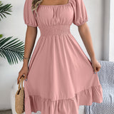Square Neck Puff Sleeve Smocked Waist Ruffle A-Line Dress