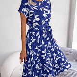 Leaf Print Belted Pleated Midi Dress