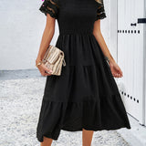 Smocked Tiered Midi Dress with Lace-Trim Sleeves