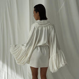 Satin V-Neck Dress with Bell Sleeves