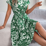 Floral Pleated Tie - Waist Midi Dress