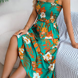 Floral Tie-Strap Smocked Waist Midi Dress