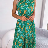 Ruffle Mock Neck Floral Pleated Midi Dress