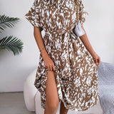 Leopard Print Tie-Waist Shirt Midi Dress