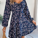 Square Neck Floral Long Sleeve A-Line Dress