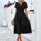 Smocked Tiered Midi Dress with Lace-Trim Sleeves