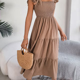 Solid Color Square Neck Ruffle Midi Dress