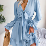 Tie Front Smocked Waist Ruffle Swing Dress