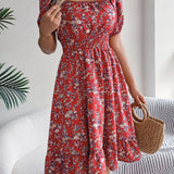Floral Square Neck Smocked Waist Ruffle A-Line Dress