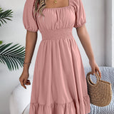 Square Neck Puff Sleeve Smocked Waist Ruffle A-Line Dress