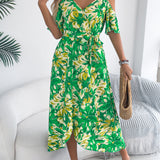Floral Cold - Shoulder Tie - Waist Midi Dress
