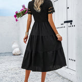 Smocked Tiered Midi Dress with Lace-Trim Sleeves