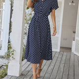 Polka Dot Midi Dress with Drawstring Waist