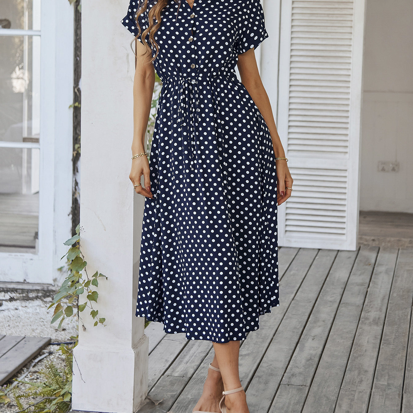 Polka Dot Midi Dress with Drawstring Waist