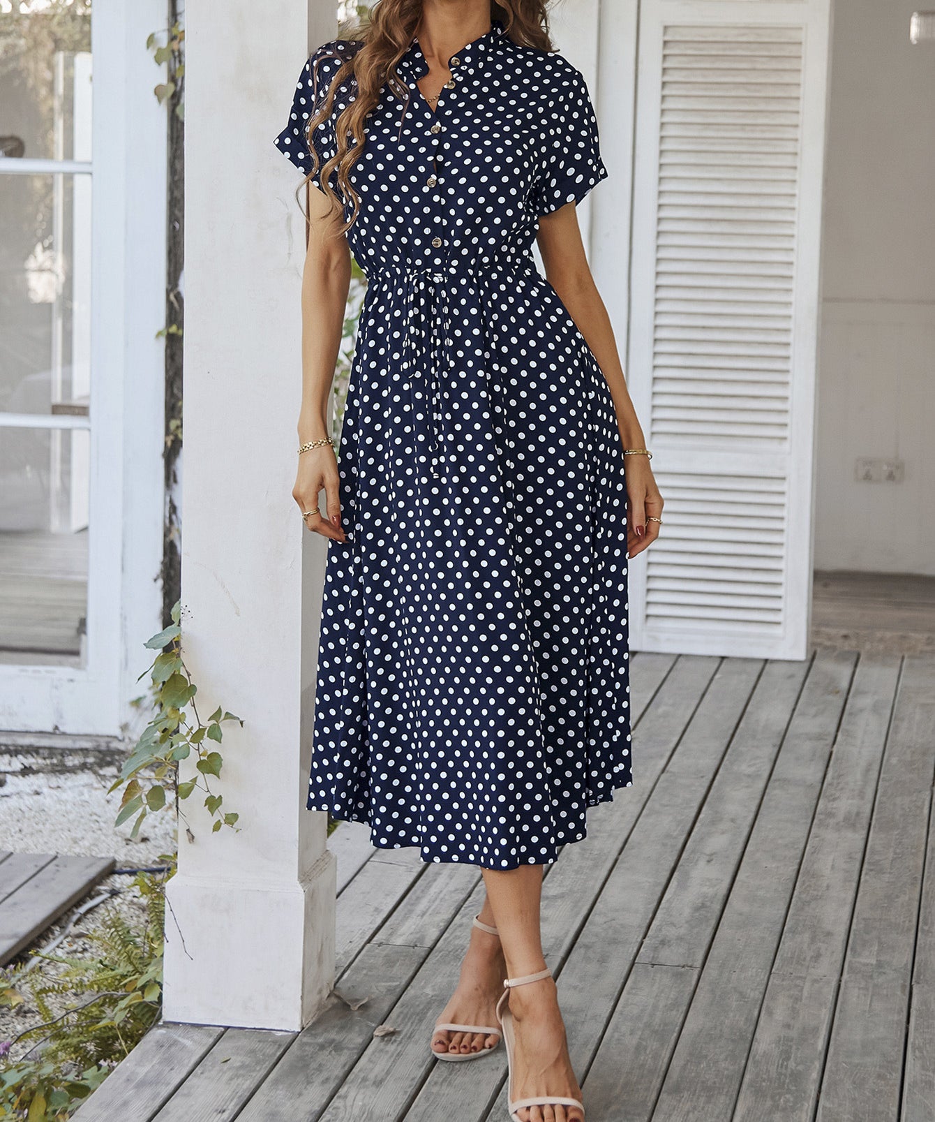 Polka Dot Midi Dress with Drawstring Waist