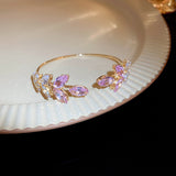 Gold-Plated Pink Zircon Titanium Steel Leaf Design Women’s Bangle