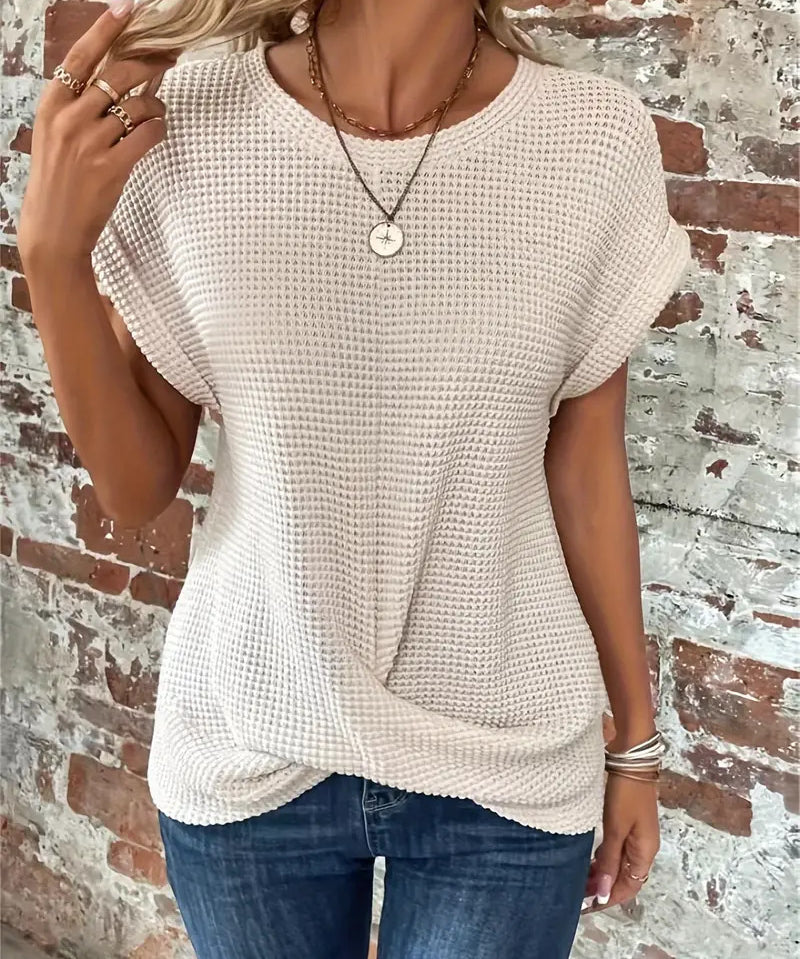 Waffle Knit Crewneck Short-Sleeve Sweatshirt