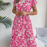Floral Pleated Tie - Waist Midi Dress