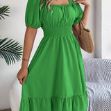Square Neck Puff Sleeve Smocked Waist Ruffle A-Line Dress