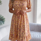 Floral Square Neck Smocked Waist Ruffle A-Line Dress