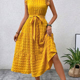 Ruffled Flutter Sleeve Belted Textured Midi Dress