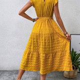 Ruffled Flutter Sleeve Belted Textured Midi Dress