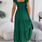 Solid Color Square Neck Ruffle Midi Dress