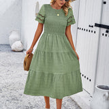 Smocked Tiered Midi Dress with Lace-Trim Sleeves
