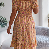 Floral Square Neck Smocked Waist Ruffle A-Line Dress