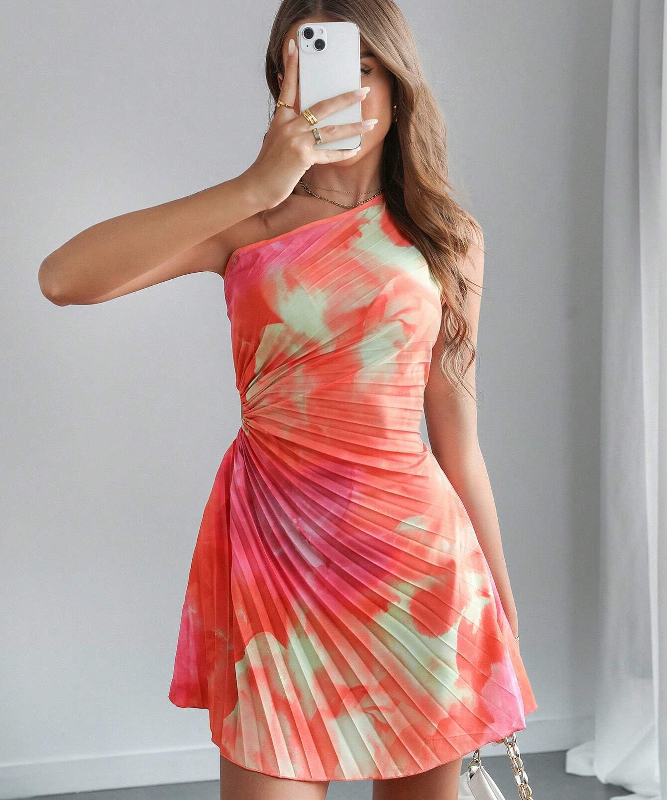 One - Shoulder Pleated Printed Mini Dress